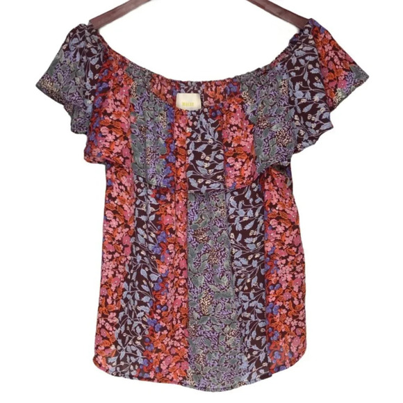 Maeve Top Women's Sz M Red Purple Floral Pullover Off The Shoulder Ruffle Blouse - Picture 3 of 5